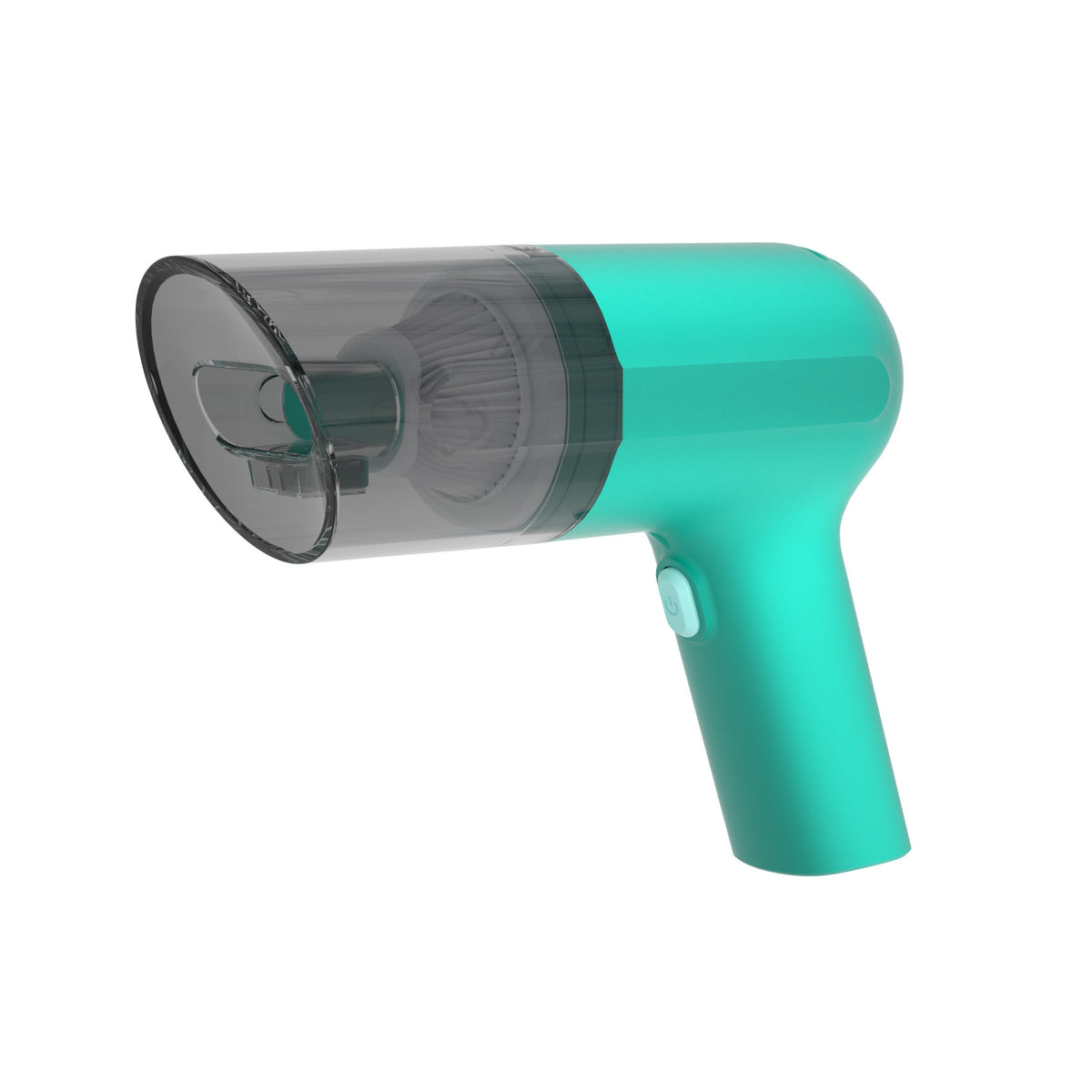 Green cordless handheld vacuum with a clear dust cup on a white background.