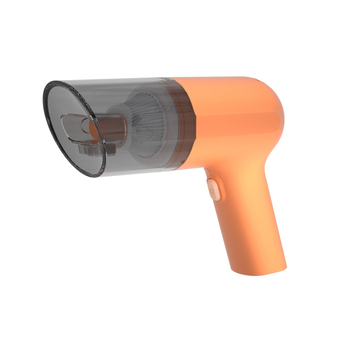 Orange cordless handheld vacuum with a clear dust cup on a white background.
