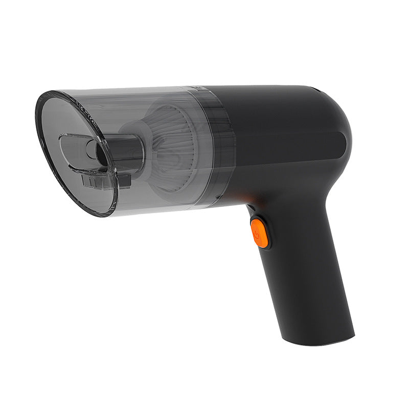 Black cordless handheld vacuum with a clear dust cup on a white background.